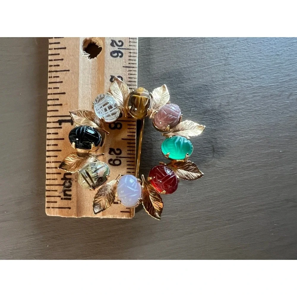 Vintage Scarab‎ Brooch Gold Multi Color Carved Glass Gemstones Egyptian Revival